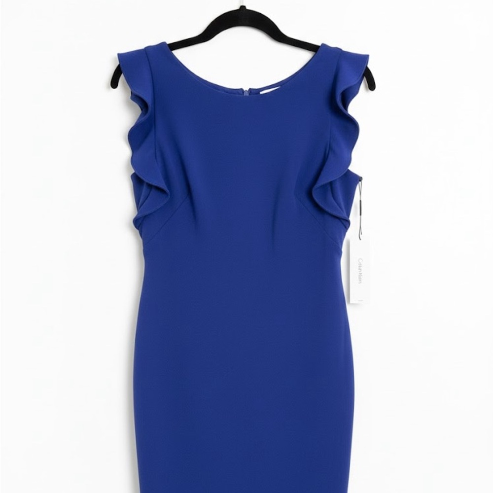 Calvin Klein Royal Blue Midi Dress with Ruffle Sleeves